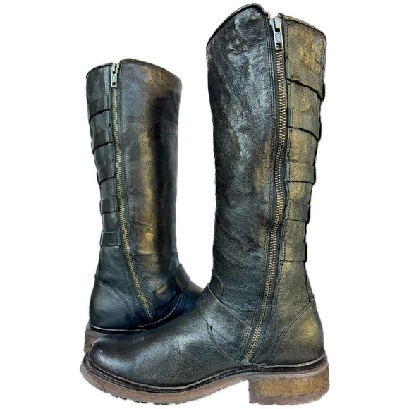 FRYE Valerie Belted Shearling Tall Black Biker Moto Motorcycle Winter Boots 7.5 - Picture 3 of 6